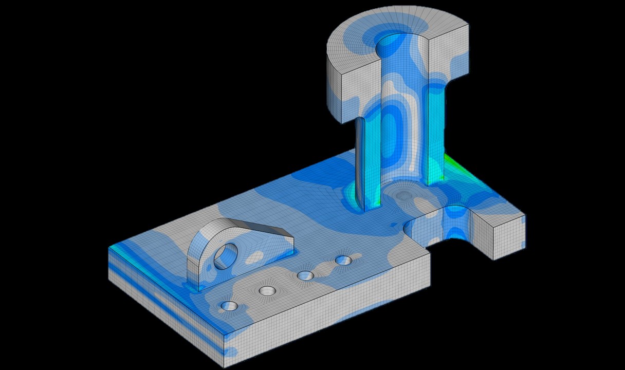 FE mesh model with von Mises stress contour plot on a lifting bracket assembly