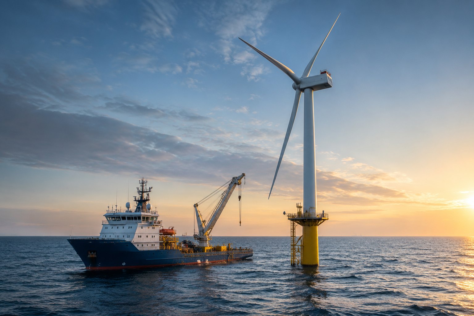 Offshore wind turbine with an installation vessel and crane at sunset